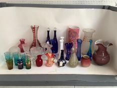 Mixed selection of glass (approx. 30) to include two Bohemian overlay vases ruby 34cm, blue 18cm.