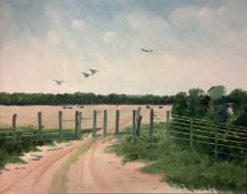 GEORGE S WISSINGER C20th, oil, Sandhill cranes in flight, Route 72 Arcadia, Sarasota, 2014, 39 x