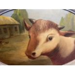 Oval oil on wood panel, "Calf in farmyard", 43 x70cm widest parts. Signed lower centre, Condition: