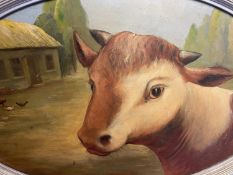 Oval oil on wood panel, "Calf in farmyard", 43 x70cm widest parts. Signed lower centre, Condition: