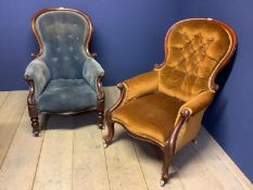 2 Victorian gents spoon back fireside chairs on casters for re-upholstery. Condition: General wear