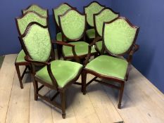 Set of 8 (6+2) Hepplewhite style mahogany shield back dining chairs with green drop in seats.