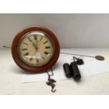 Mid to late C19th mahogany cased circular hanging wall clock with convex glass door, weight chain