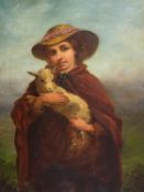 VAN J BEWER Oil on Canvas, "Girl in a hat with a lamb", indistinctly signed lower left, 49.5 x