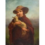 VAN J BEWER Oil on Canvas, "Girl in a hat with a lamb", indistinctly signed lower left, 49.5 x