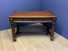 Early C20th carved oak side table with 2 drawers. 75cm H x 120cm W x 70cm D. Condition: Some