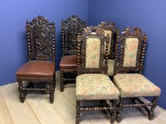 Good pair of C19th heavy & ornately carved oak side chairs & a set of 3 others. Condition: General