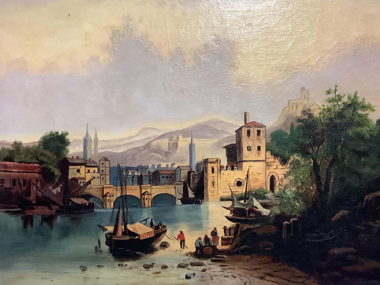 Continental oil on canvas, "town landscape, with boat and figure in foreground", gilt frame , 44.5 x - Image 2 of 2