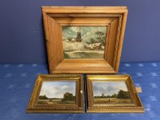 Three pictures, including a Pair of oils, and a, "winter scene", 19 x 24.5cm, and 13.5 x 18.5cm,