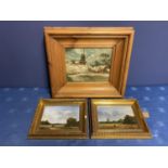 Three pictures, including a Pair of oils, and a, "winter scene", 19 x 24.5cm, and 13.5 x 18.5cm,