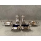 Hallmarked silver 6 piece cruet Birmingham 1937, 13.3ozt silver weight & 4 glass liners