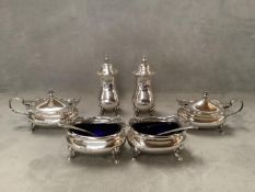 Hallmarked silver 6 piece cruet Birmingham 1937, 13.3ozt silver weight & 4 glass liners