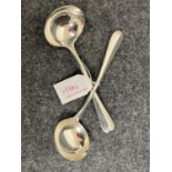 Pair late Victorian silver sauce ladles, Hanoverian rat tail pattern, crested, by Francis Higgins,