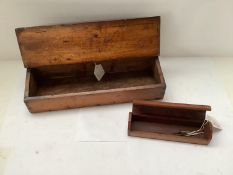 George III pine candle box 36cm L. Condition: General wear & a Victorian inlaid Teakwood pen box