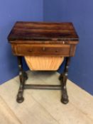 Early Victorian rosewood games/work table with a drawer & linen work box beneath a folding checker