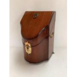 Good George III mahogany fitted knife box with brass carrying handles on brass paw feet 34cm H.