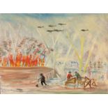 GEORGE S WISSINGER C20th, oil, German bombing London 44.5 x 54.5cm, framed, Condition: Good