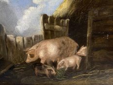 Manner of GEORGE MORLAND, oil on board, "Sow & piglets in a pigsty", 33 x 43cm. In gilt frame.