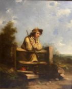 C19th, Oil on canvas, "Shepherd Boy", possibly by Parker of Bath, framed, 58.5 x 48.5cm,