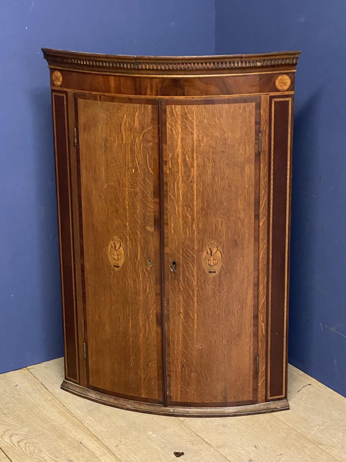 Sheraton mahogany cross banded oak bow front hanging corner cupboard, the 2 doors with inlaid