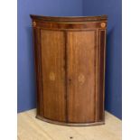 Sheraton mahogany cross banded oak bow front hanging corner cupboard, the 2 doors with inlaid