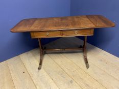 Late Regency crossbanded light figured mahogany sofa table with 2 drawers and opposing dummy