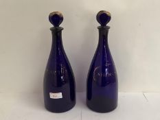 A pair of Bristol Blue mallet shaped decanters C.1800 , gilded decoration for Port and Sherry 25cm