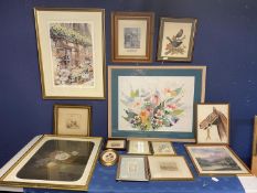 Quantity ofpictures and prints of flowers and animals, including large watercolour of flowers,