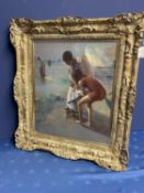 Attributed to Theodore Robinson, Oil on canvas, "Children paddling" , signed lower left, 60.5 x
