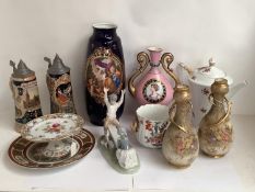 Mixed lot of Continental porcelain, and two Steins, one musical (all general wear)