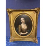 Oil on canvas, Oval, "Young lady", 65.5 x 63, gilt frame, Condition - some crazing possible repair