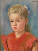 PHILIP NAVIASKY (1894 - 1983), oil on board, "Portrait of a girl in a red dress", marked verso