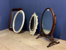 Mahogany oval toilet mirror 45cm x 35cm & metal leaf design oval mirror 52cm x 36cm & 2 others (4)