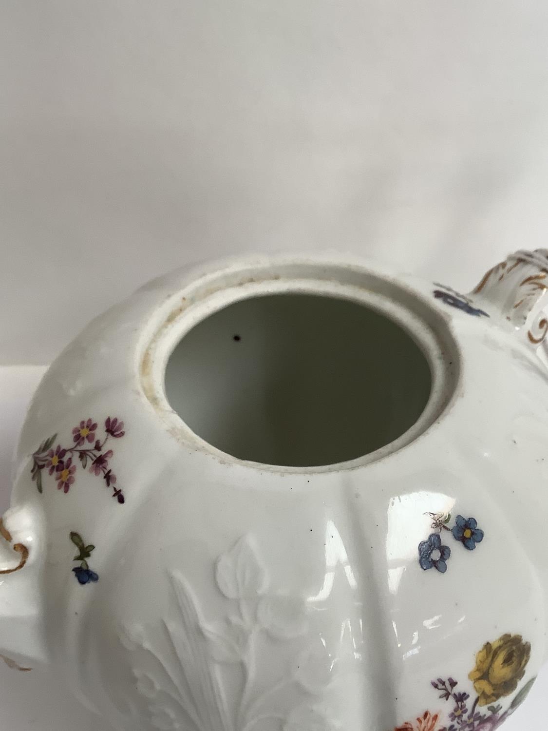 Meissen porcelain teapot, possibly C18th, enamelled with flowers, underglaze relief moulding, - Image 9 of 17