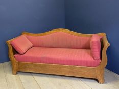 Danish Biedermeier settee in ash & cherry panels, C1820, Back of settee drops down. 90h x 198w x 62d