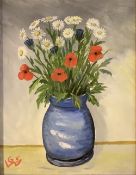 GEORGE S WISSINGER C20th, oil, Still Life Daisies Poppies Cornflowers 2007, 44 x 34cm , framed,