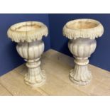 Pair of decorative stone planters, top and base separate, 70cm height overall approx