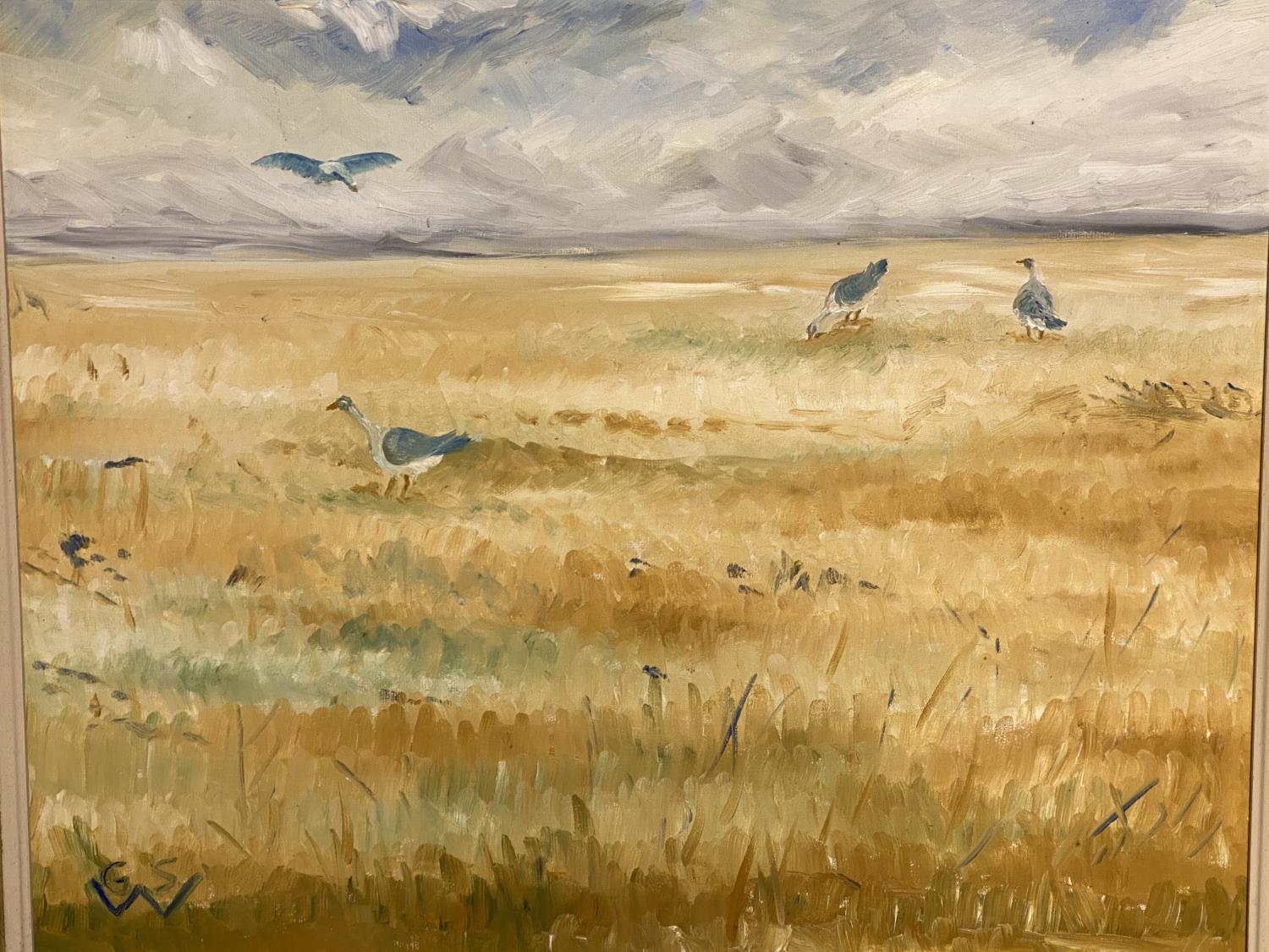 GEORGE S WISSINGER C20th, oil, Wild Geese on stop over to Siberia, 39 x 48.5cm, framed, Condition: