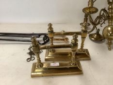 Quantity of brass wares etc including iron and brass fender, fire screen, fireirons, chandelier etc