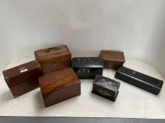 7 boxes - An inlaid mahogany parfume box, the rising lid opening to reveal 3 cut crystal bottles