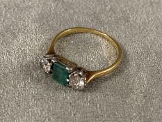 Emerald and diamond 3 stone ring, unmarked, probably 18 ct Size O