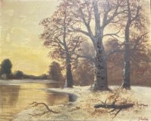 Oil on Canvas, Winter Woodland Lake landscape, signed lower right O Breton 52 x 65 cm. black wood