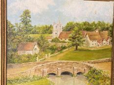 CC20th, oil on board, "English Village", initialled lower left CB, marked verso Cyril East 1960,