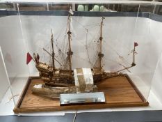 Cased Perspex and wooden mounted model of a fine scratch built timber fully rigged 3 mast French