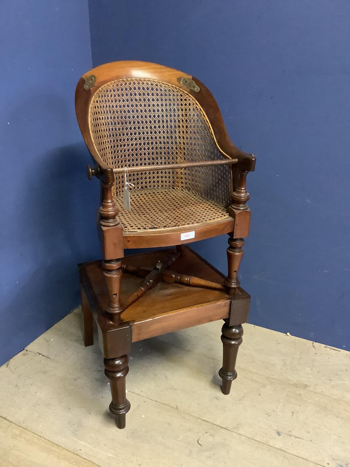George IV mahogany child's bergère high chair on a stand & play table. 92cm H x 41cm W. Condition: