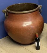 Very large heavy middle eastern metalware pot beaten brass rims, with iron ring , 68cm High x 54cm