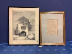 C19 English school, pencil drawing, "Gentleman and his dog, seated before a building",