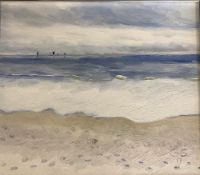 GEORGE S WISSINGER C20th, oil, Beachscape with sailboats on horizon 2017 , 31 x 36cm framed,