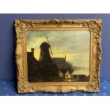 Dutch School, C1800, Oil on Canvas, "Windmill on Riverside, with figures on shore", 48.5 x 58.5cm,