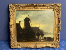 Dutch School, C1800, Oil on Canvas, "Windmill on Riverside, with figures on shore", 48.5 x 58.5cm,